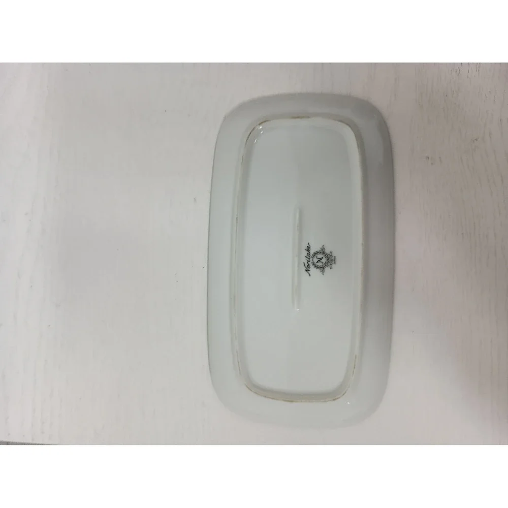 Noritake Vintage‎ Butter Dish White Silver Trim Black Filigree Pattern Japan